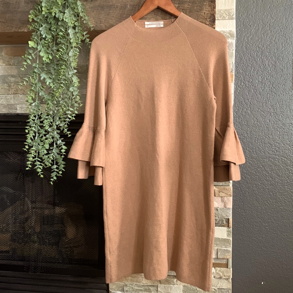 Anthropologie Claudette Ruffled Sleeve Mini Sweater Dress Camel Brown sz M